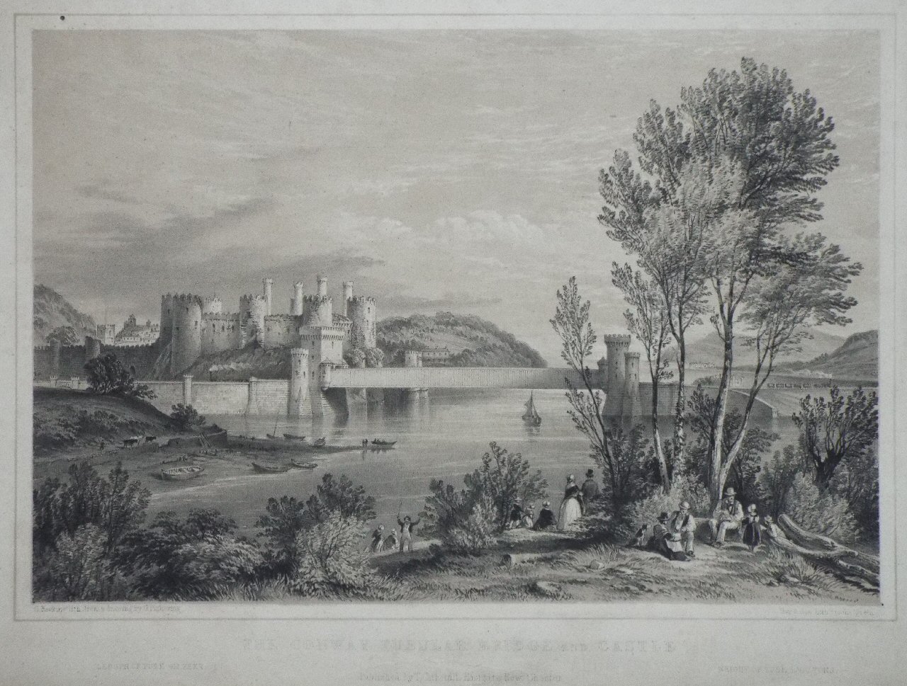 Lithograph - The Conway Tubular Bridge and Castle. - Hawkins